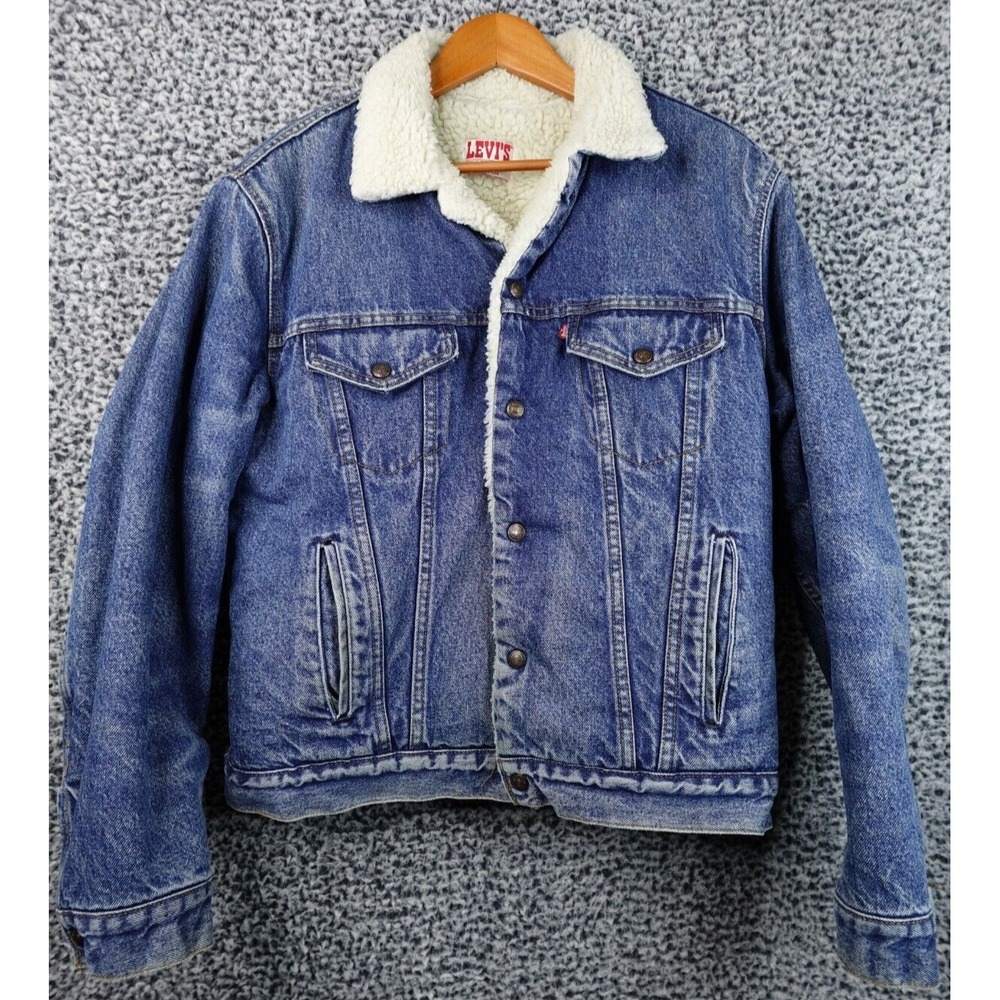 Vintage Levi's Dark Indigo Sherpa Lined Denim Trucker Jacket Blue 42 Made In USA